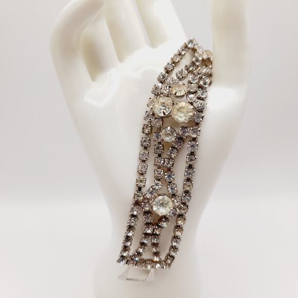 Vintage 1950s Clear Rhinestone Four Row Bracelet - 7 1/4 Inches, Wedding Jewelry - Picture 1 of 11